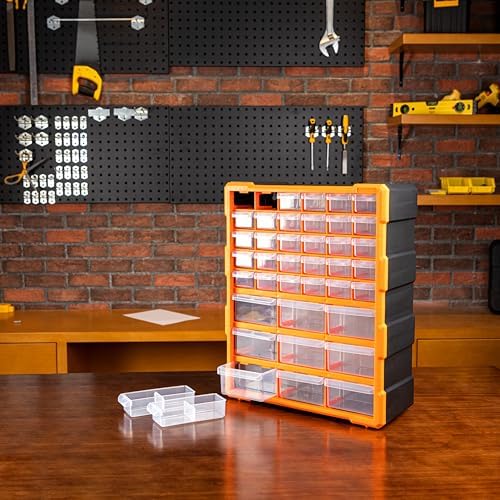 Amazon Basics Wall Mount Hardware and Craft Storage Cabinet Organizer with 39 Drawers, Plastic Garage Organization System with Dividers for Small Parts, Black, Orange, 15" x 6.3" x 18.6"