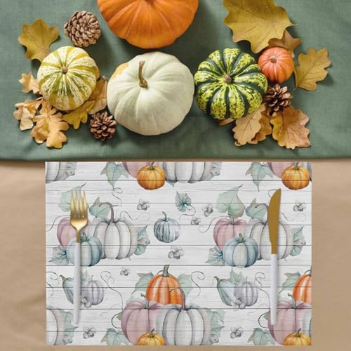 Watercolor Fall Pumpkins Thanksgiving Placemats Set of 4, Harvest Farm Grey Vintage Wood Cotton Linen Stain Resistant Table Mats Washable Placemat Decoration For Kitchen Dining Table