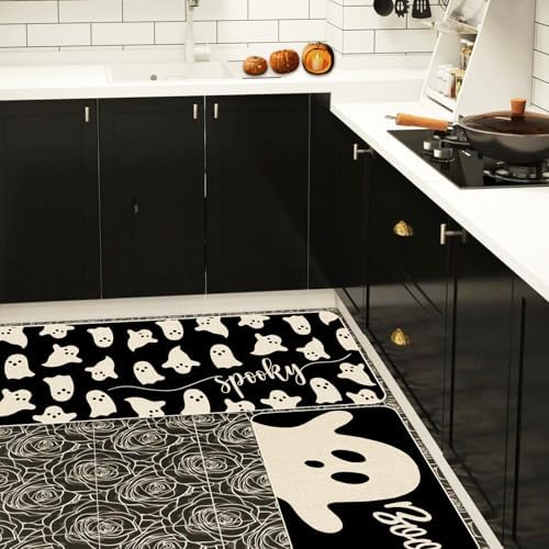 JarThenaAMCS Halloween Ghost Kitchen Mat Set of 2 Black Spooky Ghost Boo Kitchen Floor Mats Cute Non-Slip Door Rugs for Halloween Party Home Bathroom Entrance