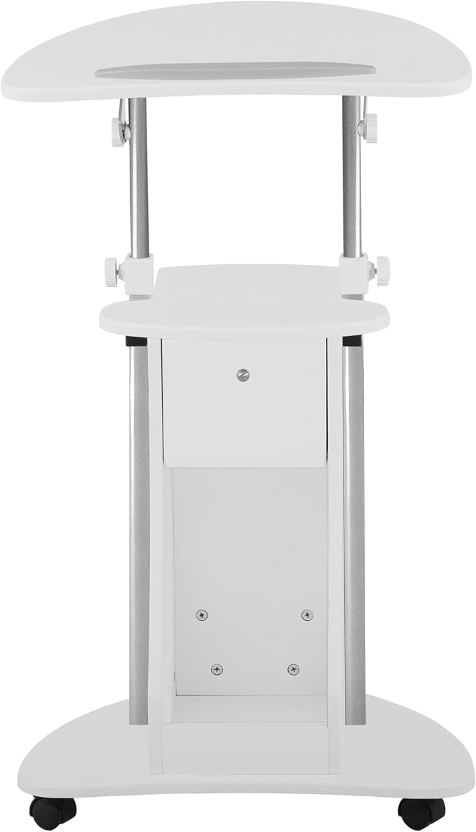 Techni Mobili Adjustable Height Rolling Laptop Cart with Storage, White | Adjustable Height Rolling Laptop Cart with Tilting Top, Storage Shelf, Locking Wheels, Sit to Stand Desk, Mobile Podium,White