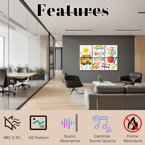 6 Pack Art Acoustic Panels Sound Absorbing Back to School School Bus Art Supplies Rainbow Elements Decorative Soundproof Wall Panels Self Adhesive for Home Recording Studios 72"x48"