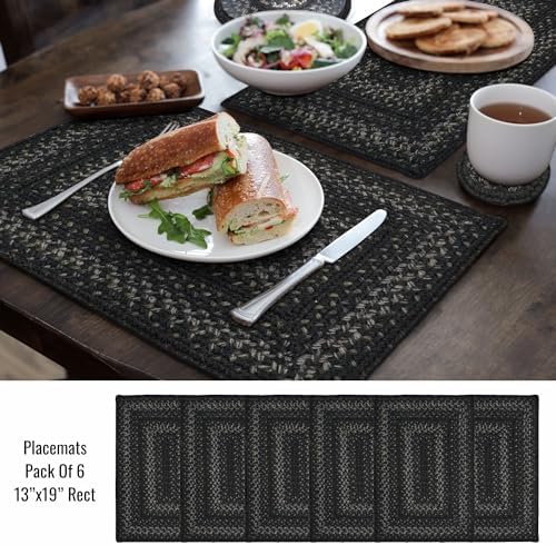 Homespice Jet Black Jute Braided Placemats, Rect 13x19 Set of 6