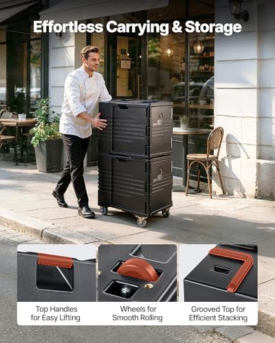 VEVOR Insulated Food Pan Carrier, 82 Qt Non-Electrical Food Warmer, with Wheel & 304 Stainless Steel Latch, LLDPE Stackable Hot Box, for Various Pan Sizes(NOT Included), Fit Catering BBQ Event(Black)