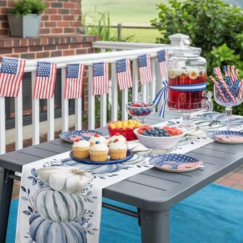 Fall Table Runner White Blue Pumpkin Table Runners Harvest Thanksgiving Blue Eucalyptus Leaves Cotton Linen Dresser Scarf Kitchen Dining Table Decor for Autumn Holiday Party Coffee 13x90 Inch