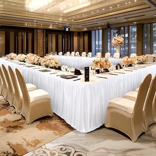 Wish Care 21ft White Satin Long Table Skirt for Rectangle Tables Wrinkle Free Teacher Desk Skirt Glitter Ruffle Table Skirting Cloth for Office Wedding Birthday Baby Shower Party Banquet Table Decor