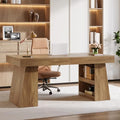 Tribesigns 55-Inch Executive Desk with Drawer, Large Office Computer Desk with Double Pedestal and Storage Shelves, Farmhouse Wooden Writing Table Workstation Business Furniture for Home Office, Brown