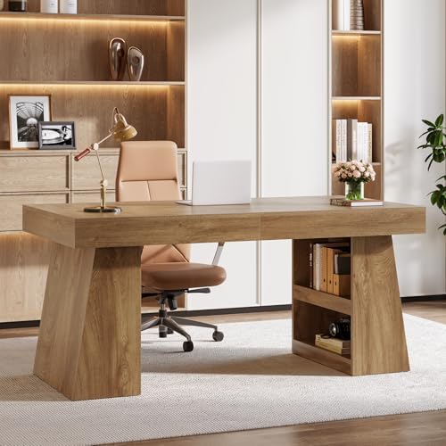 Tribesigns 55-Inch Executive Desk with Drawer, Large Office Computer Desk with Double Pedestal and Storage Shelves, Farmhouse Wooden Writing Table Workstation Business Furniture for Home Office, Brown