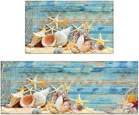 Beach and Nautical Kitchen Rugs for Floor 2 Piece Set, Wood Grain Ocean Coastal Beach Kitchen Rug, Nautical Kitchen Mat in Front of Sink for Standing for Kitchen Decor 17"X30"+17"X47"