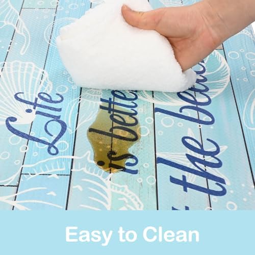 Beach Kitchen Mats for Floor Coastal Kitchen Rugs Cushioned Anti Fatigue Mats for Sink, Stove, Desk, Laundry,17"x30"+17"x47", Blue