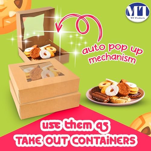 MT Products Kraft Cookie Boxes 8" x 8" x 2.5" - Bakery Boxes with Window (Pack of 10) - Made in USA