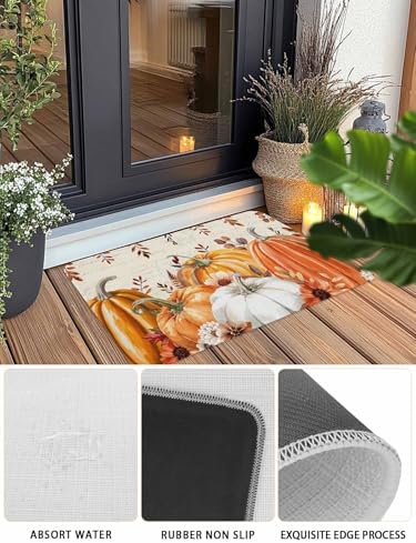 Fall Door Mat Harvest Pumpkin Doormat Orange Flower Eucalyptus Leaves Beige Harvest Thanksgiving Welcome Mat Non Slip Entryway Front Rug Floor Mat for Indoor Outdoor Kitchen Autumn Holiday Decor 24x36