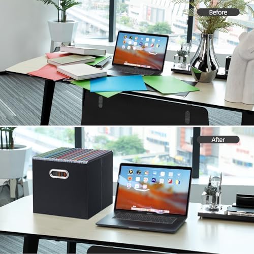 Oterri Portable Collapsible Cardboard File Box with Handle for Letter-Size | 1-Pack. Stainless Steel Handle. Label Stickers Included. Fits Letter Folders (Not Included). Home, Office, School, Dorm, Tax.