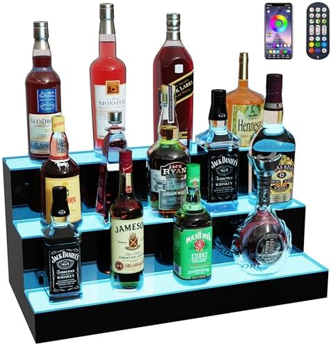 MESAlLUP Acrylic 24 Inch 3 Tier LED Liquor Bottle Display Shelf, Lighted Bar Shelves with APP or Remote Control, Mulit Color Lighting for Home Mini Bars Decor, Restaurants & Party Use