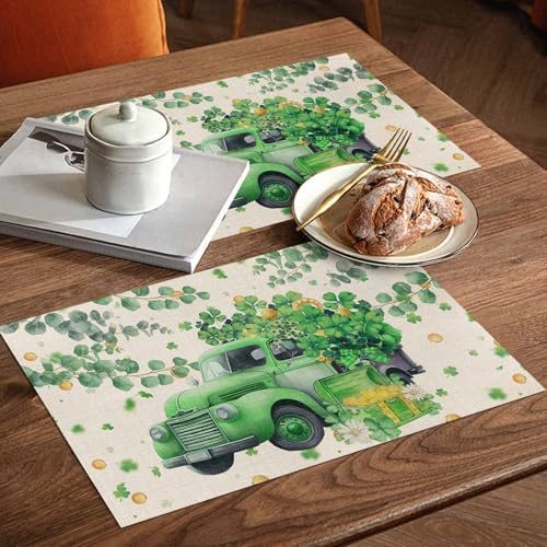 St Patricks Day Placemats Set of 4, Green Shamrock Clover Cotton Linen Table Mats Non-Slip Gold Coins Irish Spring Retro Green Truck Shamrocks Eucalyptus Leaves Placemat for Dining Kitchen Table