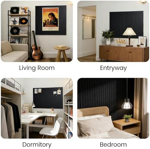 Slat Felt Wall Tiles (12 Pack) - 11.8"x11.8" Self-Adhesive Bulletin Board for Wall, Acoustic Panels for Sound Dampening, Modern Black Pin Board, Home Office Decor (30x30cm)