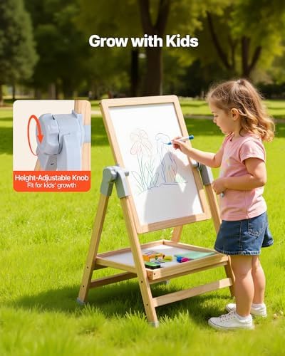 VEVOR Art Easel for Kids, 2-in-1 Wooden Double-Sided Kid's Art Easel with Magnetic Whiteboard & Chalkboard, Adjustable Standing Rotatable Foldable Drawing Board with Painting Accessories for Boy Girl