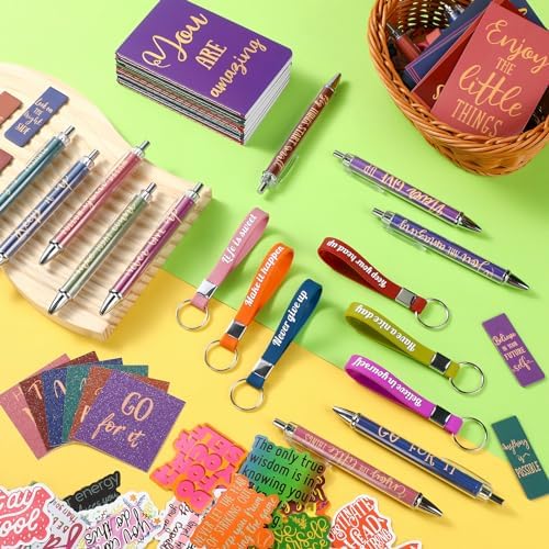 Pasimy 218 Pcs Inspirational Stationery Gifts Motivational Mini Notepad Pen Quote Bookmarks Stress Relief Stickers Inspiring Silicone Keychains for Home Office Appreciation Gift(Bright)