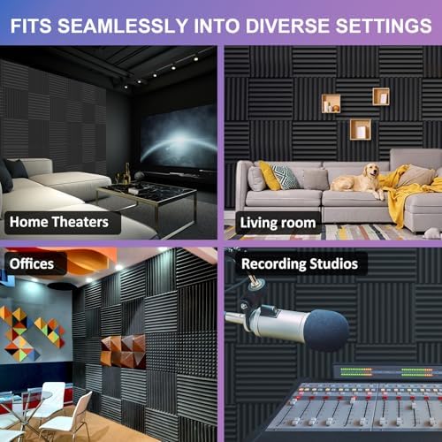 JBER Acoustic Foam Panels, 48 Pack 12x12x1 Inch Upgraded Self-Adhesive Soundproof Wall Panels Sound Absorbing Panel Treatment for Home Office Studio - Black