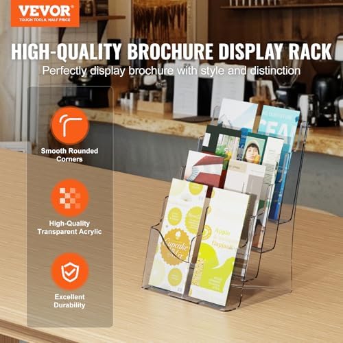 VEVOR Acrylic Brochure Holder 8.5 x 11 inch, 4-Tier Clear Acrylic Literature Display Stand, Plastic Literature Organizer Flyer Stand & Removable Divider for Office Exhibition, Countertop or Wall Mount