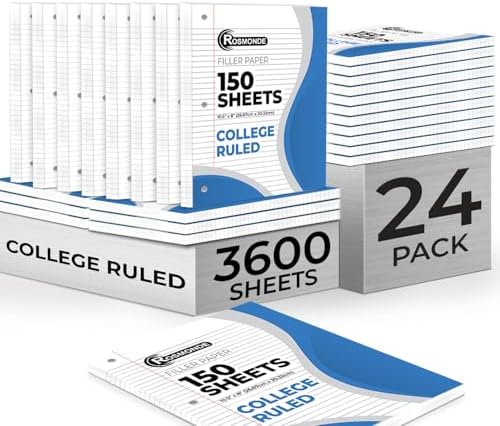 Rosmonde 3600 Sheets Loose Leaf Paper Bulk, 24 Pack, College Ruled Paper