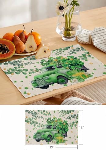 St Patricks Day Placemats Set of 4, Green Shamrock Clover Cotton Linen Table Mats Non-Slip Gold Coins Irish Spring Retro Green Truck Shamrocks Eucalyptus Leaves Placemat for Dining Kitchen Table