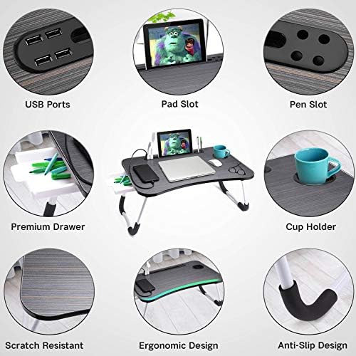 Slendor Bed Desk for Laptop and Writing with Storage, Cup Holder, Light