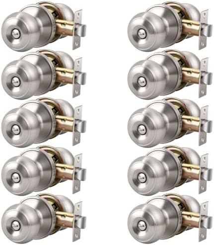 KNOBWELL 10 Pack Privacy Door Knob with Lock in Brushed Nickel Finish for Bedroom and Bathroom, Indoor Security Door Handle with Privacy Lock, Satin Nickel Interior Door Knobs