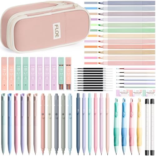 65PCS Aesthetic School Supplies Back to School Supplies Cute Stationary Set | College Essentials Kit with Pencil Case, Pastel Highlighters Gel Pens Mechanical Pencil Set 0.5 0.7 & 2.0mm for Student Girls