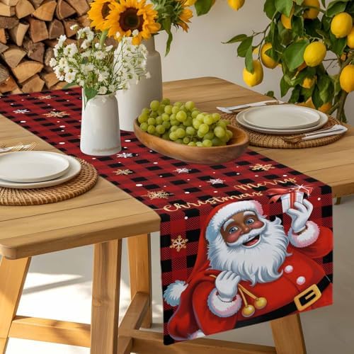 Black Santa Claus Table Runner Dresser Scarf 13 x 36 Inch Merry Christmas Snowflake Red Black Plaid Table Runners Non-Slip Heat Resistant Kitchen Dining Table Decor for Home Holidays Indoor Outdoor