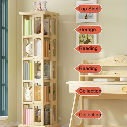 GAMAK Rotating Bookshelf 360 Display 4 Tier Floor Standing Bookcase Small Book Shelf Stand on Wheels Kids Bookshelf and Storage Rack for Small Space (Size : Bamboo, Color : Three)