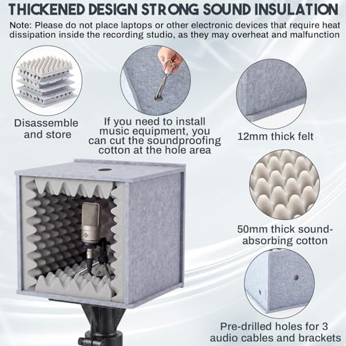 Pushglossy Desktop Soundproof Cover Portable Vocal Recording Booth Vocal Microphone Isolation Booth Cube for Music Studio Podcasts Decreasing Noise Home(Gray, 14.17 x 14.17 x 14.17 Inch, Holes)