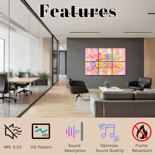 6 Pack Art Acoustic Panels Sound Absorbing Stay Positive Pastel Typography Hearts Flowers Striped Decorative Soundproof Wall Panels Self Adhesive for Home Recording Studios 72"x48"