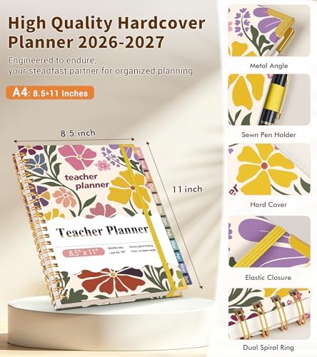 Teacher Planner 2026-2027, July 2026 - June 2027, Academic Weekly & Monthly Calendar Planner with Tabs, 8.5" x 11" A4 Teacher Lesson Plan Book with 7 Periods, Daily Agenda School Organizer for Teacher Student Homeschool Abstract Flowers