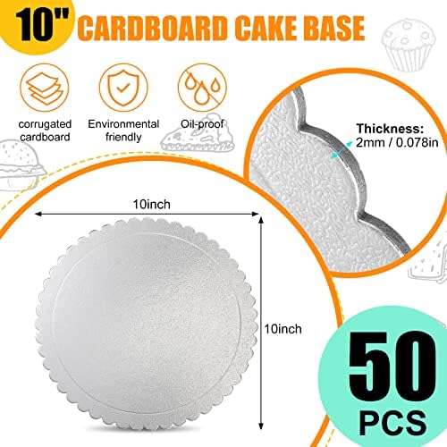 Nuenen 50 Pack Cake Boards Round Silver Scallop Edge Grease Proof, 10 Inch