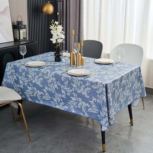 LIBERECOO Vinyl Tablecloth with Flannel Backing –Indigo Botanical Charm, Waterproof, Wipeable, Durable Table Cover – 4 Colors