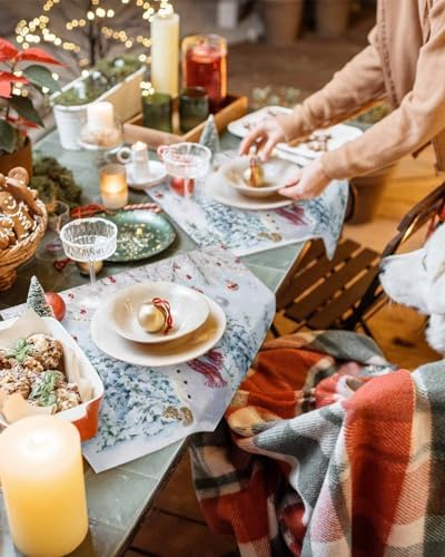 Snowman Placemats Set of 6, Blue Merry Christmas Tree Red Balls Squirrel Heat Resistant Washable Table Place Mats Winter Cotton Table Linens Party Holiday Decor for Kitchen Dining Outdoor Indoor