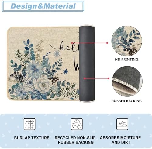 Baccessor Blue Poinsettia Winter Kitchen Mats Set of 2, Snowflakes Floral Kitchen Rugs for Floor Non Slip Absorbent Winter Holiday Farmhouse Christmas Decor 17x29 and 17x47 Inch