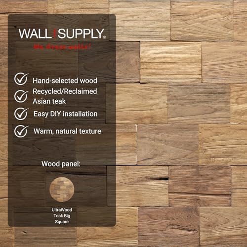 Wall!Supply 3D Wall Panels – Reclaimed Squared Asian Teak Wood – Home Decor Wallpaper Alternative for Living Room, Bedroom & Office – Easy DIY Installation – 10 Pack, Covers 9.68 Sq Ft