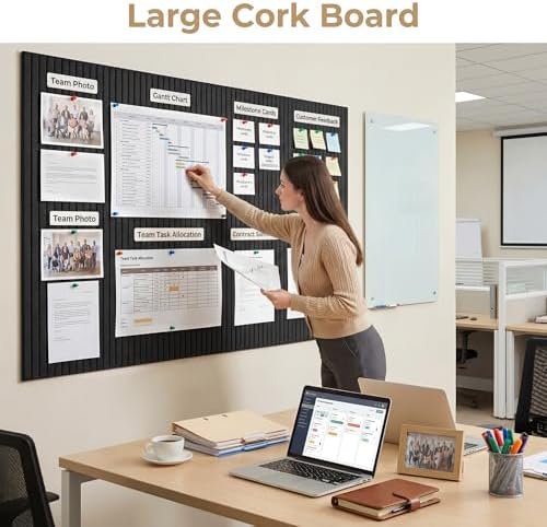 AHEONLAR Felt Bulletin Board 48" x 36", Cork Boards for Walls, 12 Pack Bulletin Board Large Cork Board for Office, Felt Boards with 70 Safe Removable Adhesive Tabs Wall Decor for Home(Black)