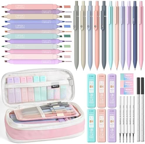 Nicpro School Supplies Stationary Set with Pencil Case, 39 PCS Pink | Back to Schoo Supplies, Pen Case with 12 Highlighter, 5 Gel Pen, 6 Mechanical Pencil, Essentials for College, Nursing Student