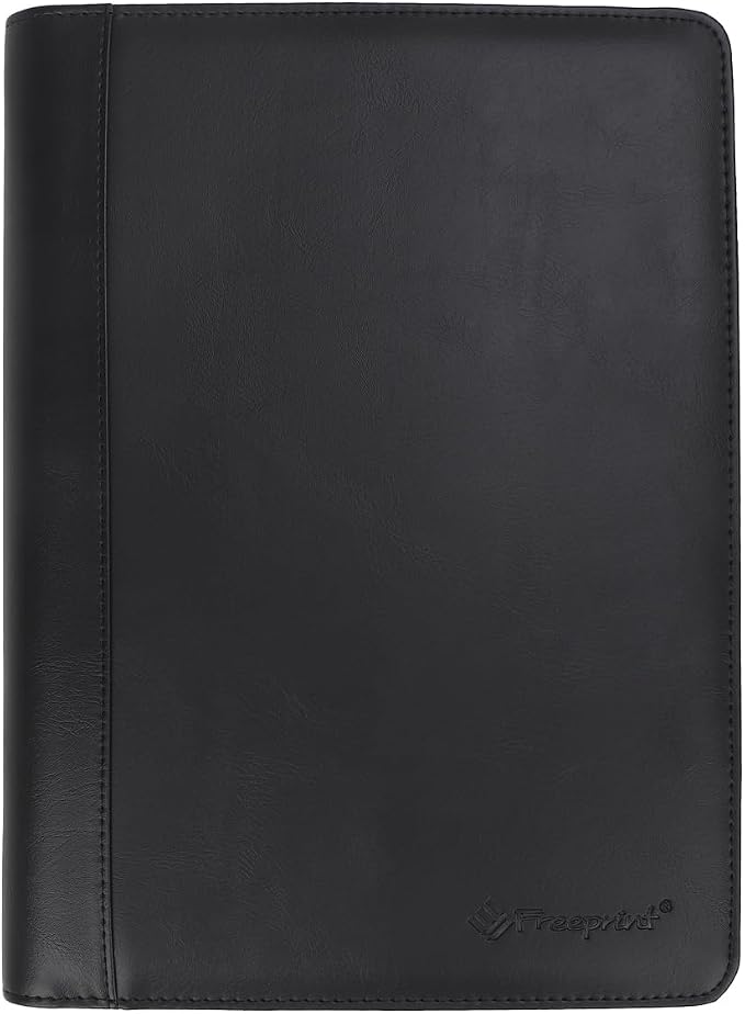 Zippered Portfolio Binder 3 Ring with Writing Pad Legal Size Letter - PU Leather Professional Padfolio Folder for Interview Business, Black