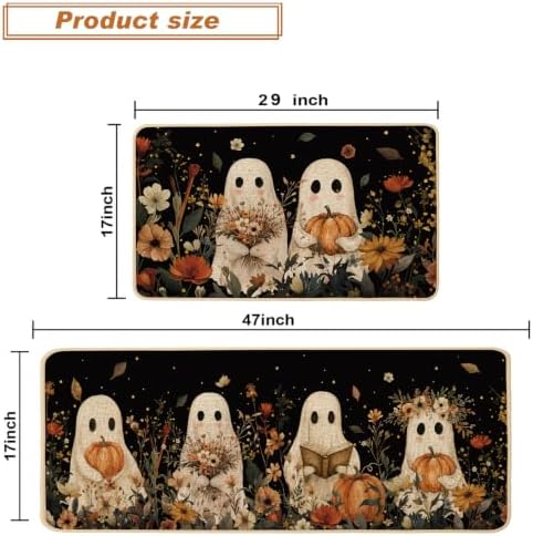 Baccessor Halloween Ghost Kitchen Rugs Set of 2,Spooky Pumpkin Fall Floral Black Mat Rug Indoor Outdoor Low-Profile Non Slip Absorbent Floor Mats for Home Party Holiday Decor 17x29 and 17x47 Inch