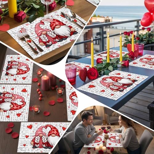 Valentine's Day Placemats Set of 4, Gnome Couple Place Mats Washable Dining Table Mats Wedding Anniversary Party Romantic Valentines Decor for Kitchen&Linens Outdoor Indoor, Red Love Heart Letter