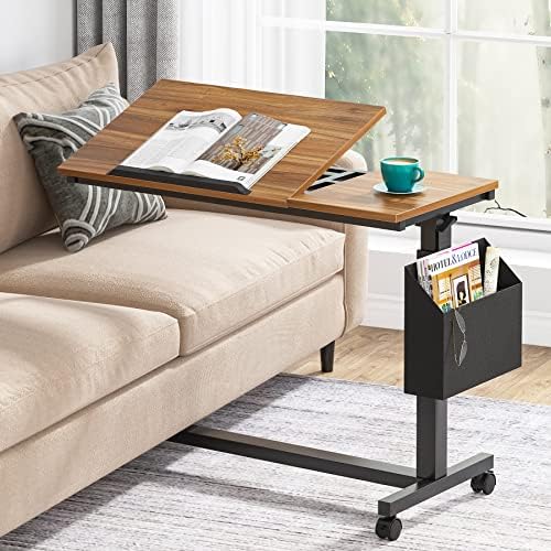 Tribesigns Height Adjustable C Shaped End Table with Wheels, Tilting Laptop Table with Side Pocket for Couch, Bed and Recliner, Walnut Brown