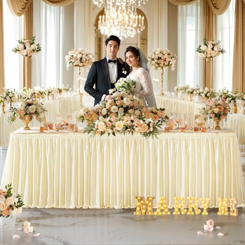 Wish Care 9ft Champagne Satin Table Skirt for Rectangle Tables Wrinkle Free Teacher Desk Skirt Glitter Ruffle Table Skirting Cloth for Back to School Classroom Office Dorm Birthday Party Table Decor