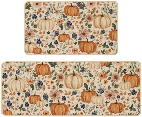 Baccessor Pumpkin Fall Kitchen Mats Set of 2, Vintage Kitchen Rugs for Floor Low-Profile Fall Thanksgiving Home Decor 17x29 and 17x47 Inch