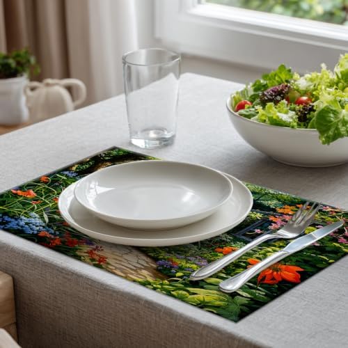 Batmerry Beautiful Garden Lush Plants Linen Placemats Set of 8, Serene Garden Scene Washable Table Mats for Kitchen Table Thickened Heat Insulation Dining Set Indoor Outdoor 12X18 in