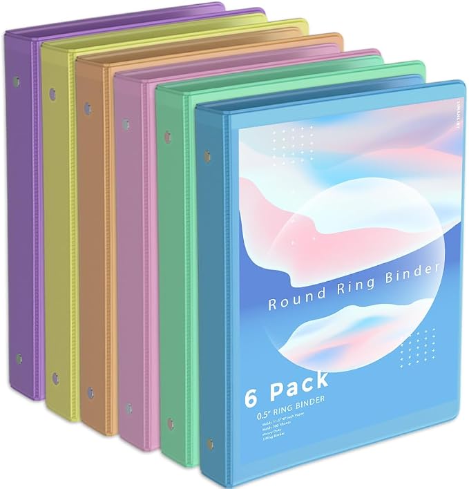 0.5 Inch 3 Ring Binder, Round Ring,with 2 Interior Pockets,Holds 150 Sheets Letter Size Paper,PVC Free, Assorted Colors 6 Pack