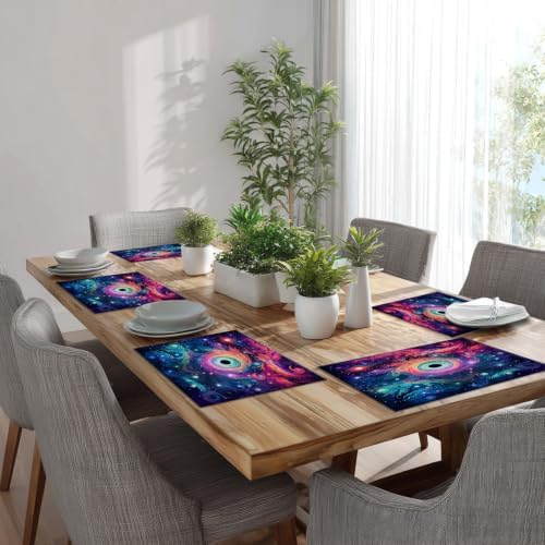 Batmerry Cosmic Swirls Stars Linen Placemats Set of 6, A Colorful Cosmic Scene Washable Table Mats for Kitchen Table Thickened Heat Insulation Dining Set Indoor Outdoor 12X18 in