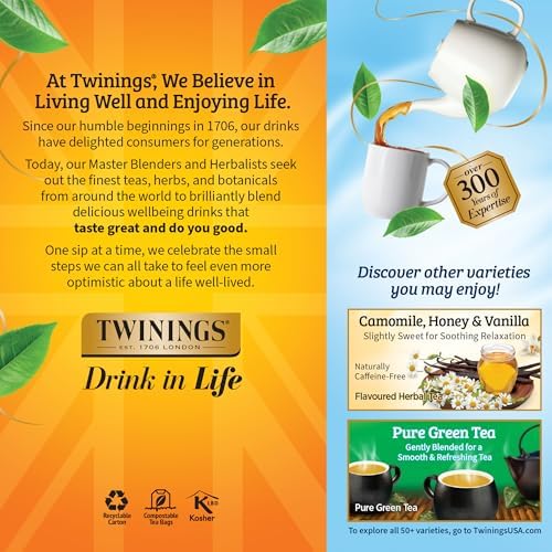 Twinings Pure Camomile Herbal Tea Individually Wrapped Bags, 25 Count (Pack of 6), Calming & Delicate, Naturally Caffeine-Free, Enjoy Hot or Iced, 150 Teabags